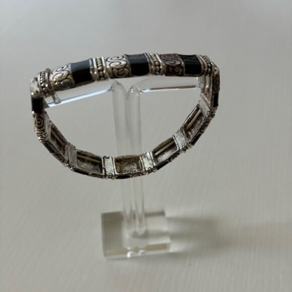 Bracelet - silver tone and black on stretch band. - Picture 3 of 4